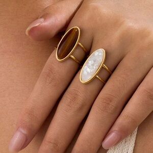 Gold Plated Stainless Steel 2pc Set Adjustable Oval Rings Statement Set